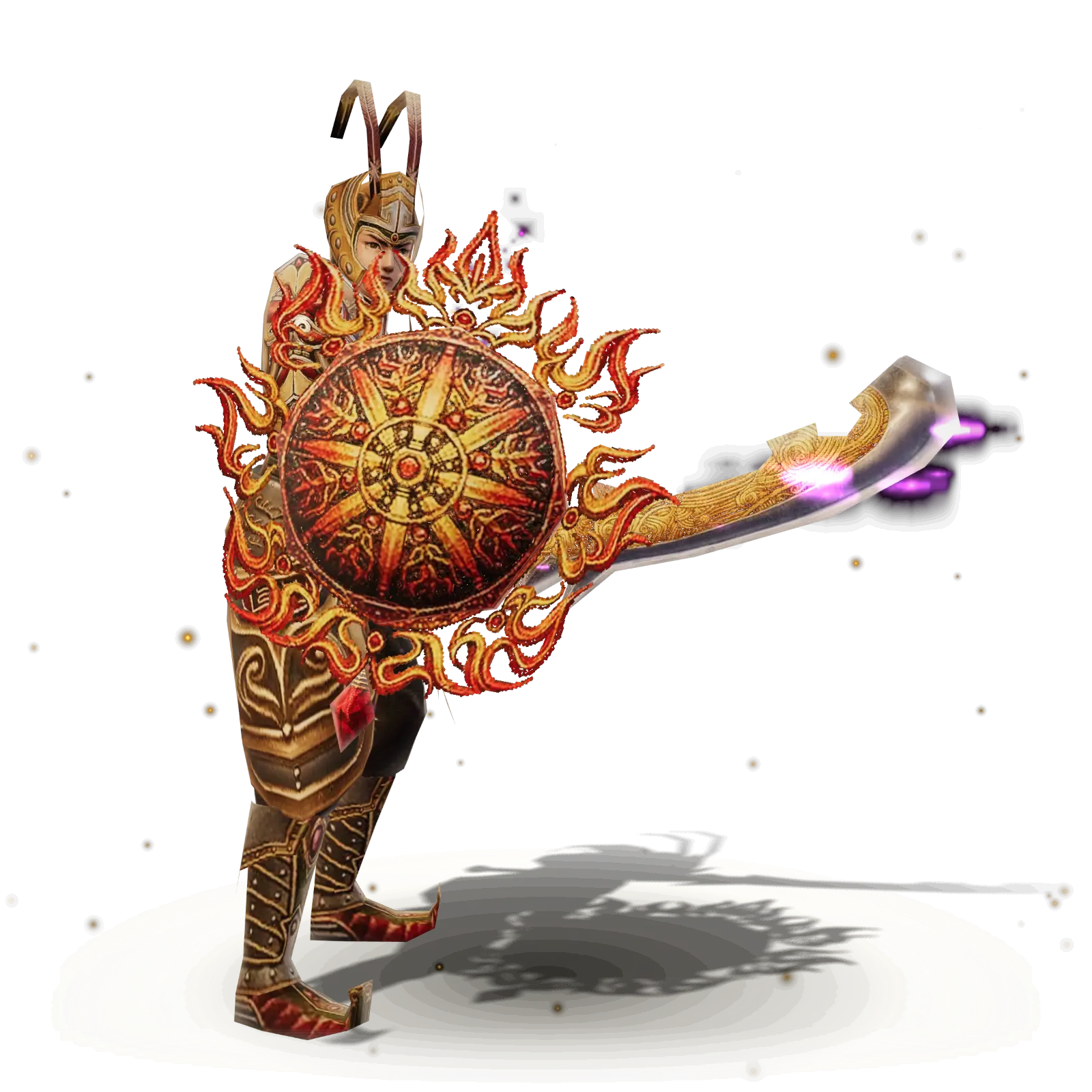 A Chinese warrior in Seal of Sun armour with a blade and a flaming sun shield