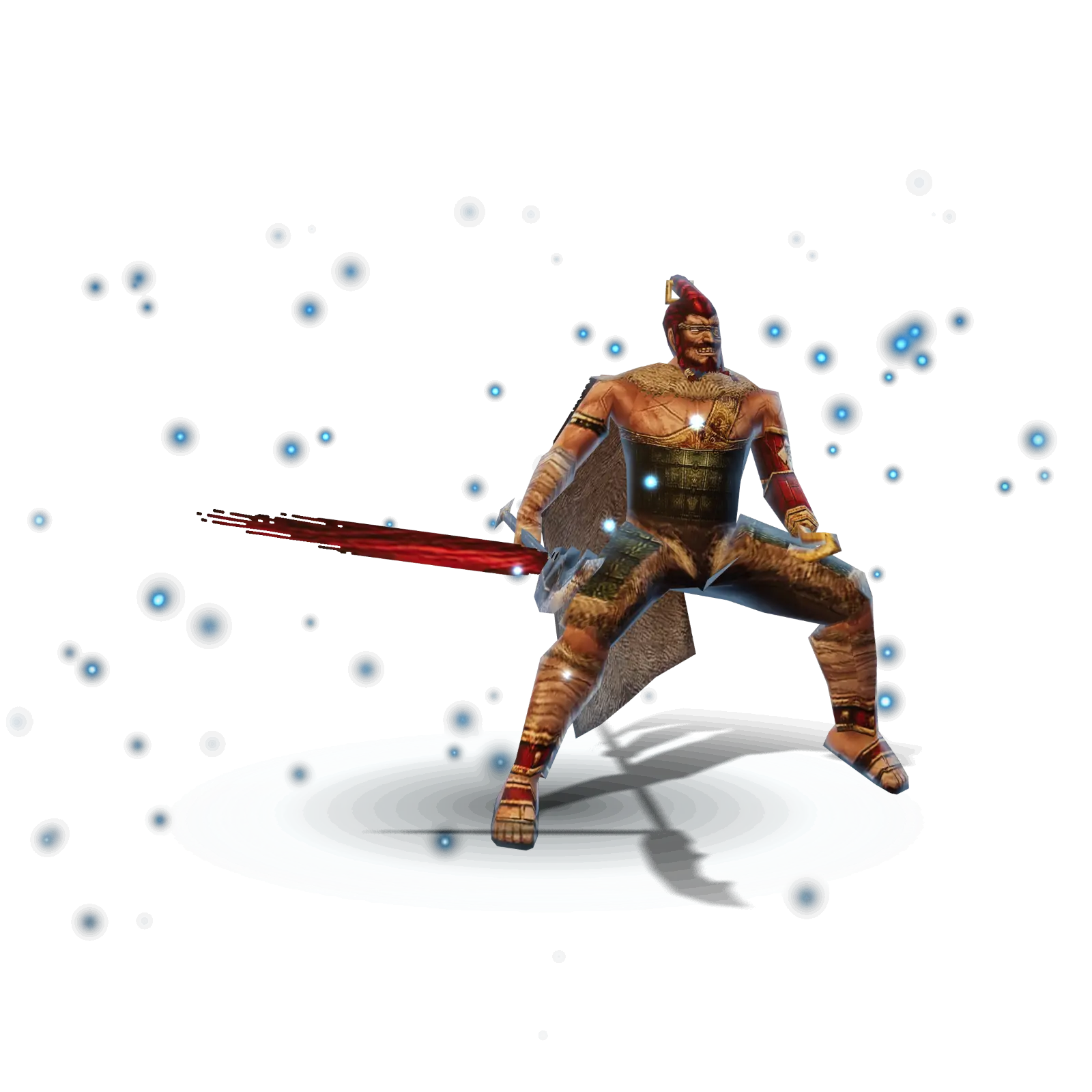 Uruchi, a muscular warrior with a red blade and a shield