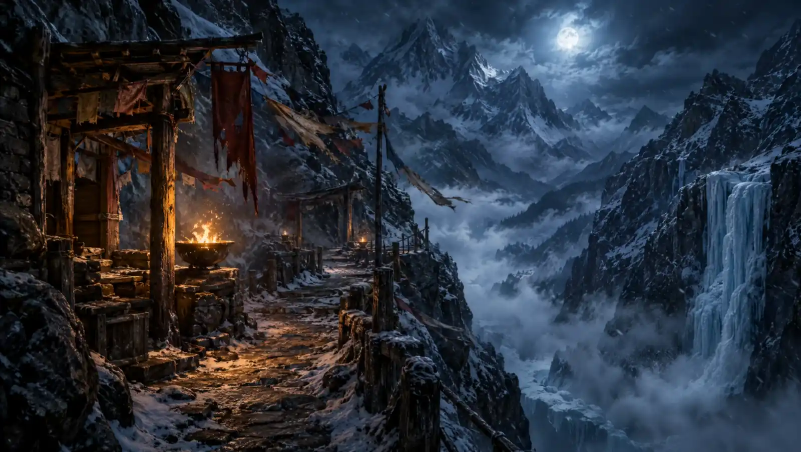 A snowy mountain pass in the Karakoram at night, lit by a single brazier