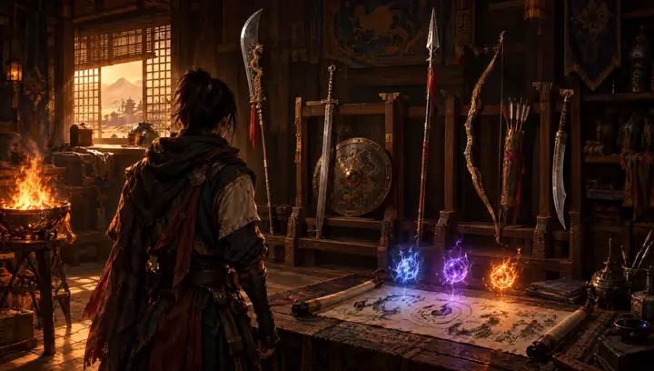 A young warrior in an armoury choosing between a glaive, a sword and shield, a spear and a bow; orbs of frost, lightning and fire glow above the table