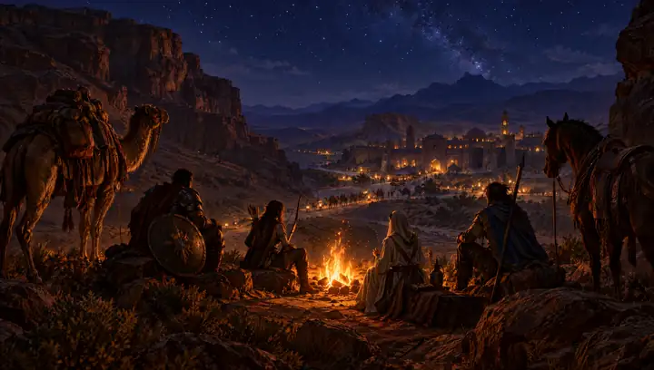 Four travellers — a warrior with a shield, an archer, a healer and a spear fighter — resting by a campfire in a desert canyon under the stars