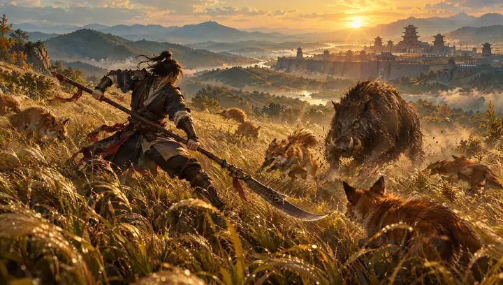A warrior with a glaive fighting off foxes and a boar in tall grass at dawn, the walls of an ancient city in the distance