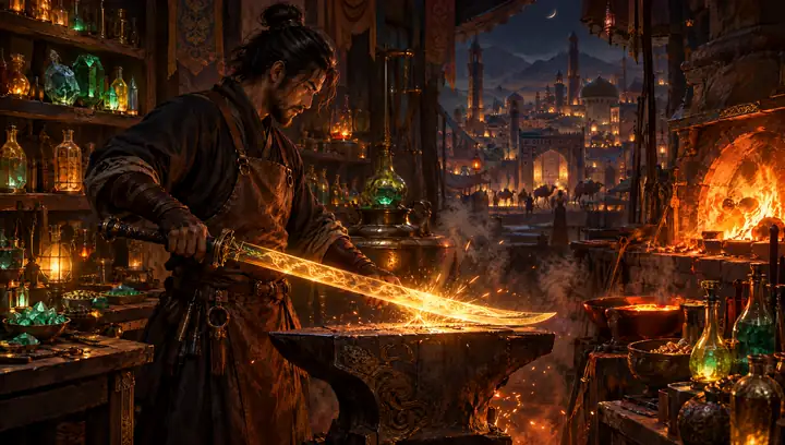 An alchemist smith in a night workshop holding a gold-glowing blade above the anvil