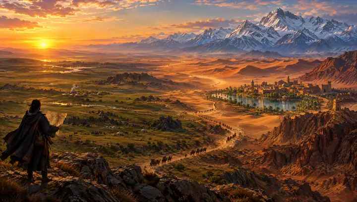 A traveller with a map on a rocky ridge looking out over the Silk Road: steppe, desert, an oasis and snowy peaks on the horizon