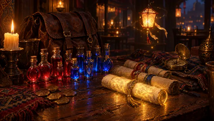 A traveller's table by candlelight: rows of glowing potions, scrolls, coins, a compass and a paper spirit lantern floating above